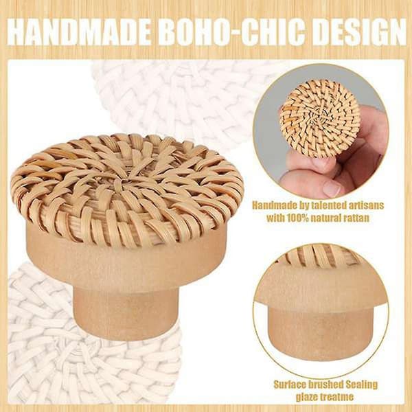6 stk. Boho Rattan Kommode Knapper Runde Træ Skuffe Knapper