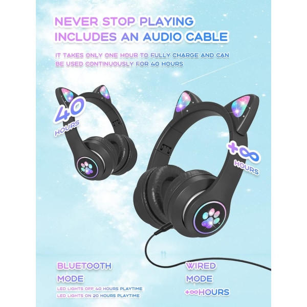 Bluetooth-kuulokkeet lapsille HD-mikrofonilla/LED-valoilla (musta)