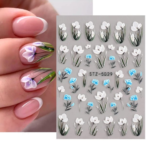 6 stykker 5D blomster negle klistermærker med tredimensionalt relief