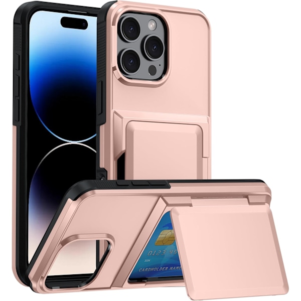 iPhone 16 Pro-etui med kortholder, kredittkortspor beskyttende lommebok-etui - Roségull