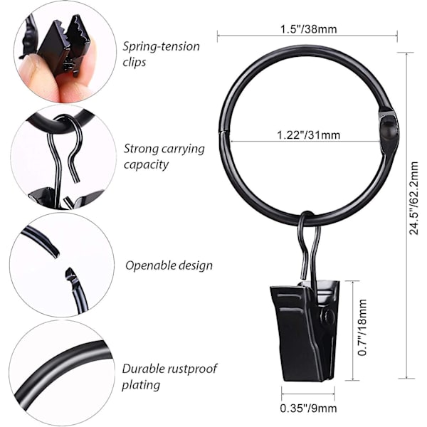 38-pack Metallöppningsbara Gardinringar med Klämmor, 1,22 tum Innerdiameter