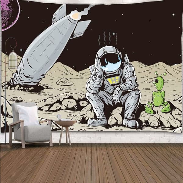 200x150cm Trippy Astronaut Tapestry, Rocket Crashed on Alien Plan