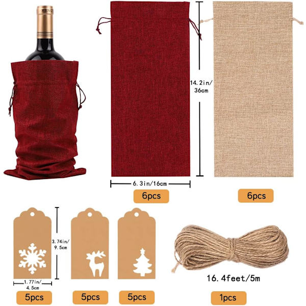 12 stycken Jute Vinförpackningar + Hamparep + Kärlekslapp, Jute