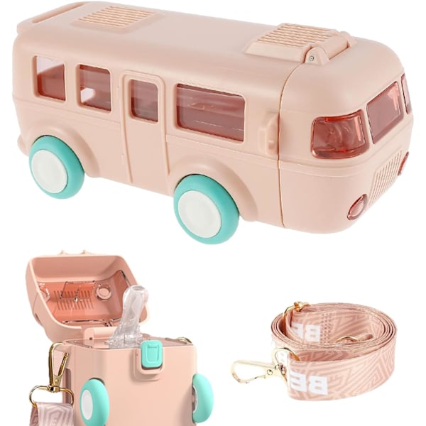 Skolbuss Vattenflaska för Barn, Pipmugg med Hjul, 16oz/500ml Lastbils Vattenflaska (Rosa)