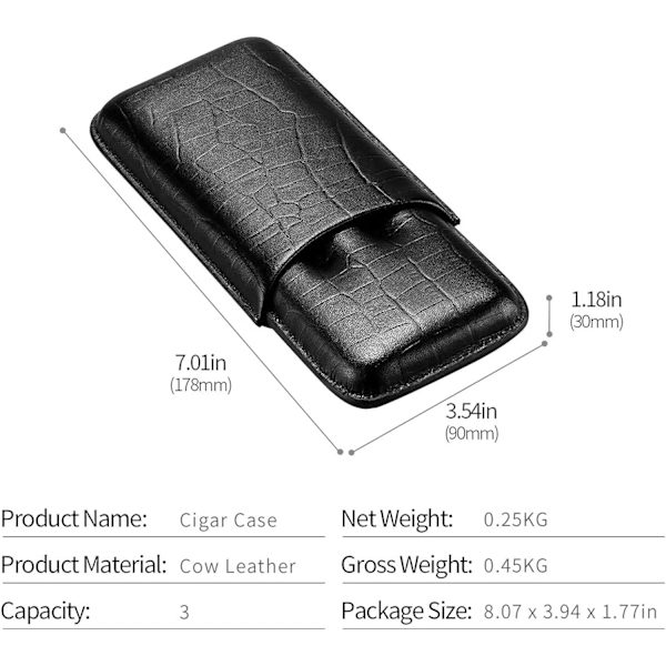 Læder Cigar Etui Rejse Humidor til 3 Cigarer med Cigar Cutter