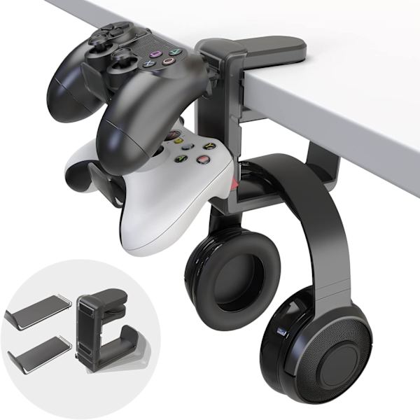 3-i-1 PC-spelheadset & Controllerhållare - Hörlursställ med justerbar klämma & 2 stycken hållare för kontroller & roterande arm & kabelorganisatör