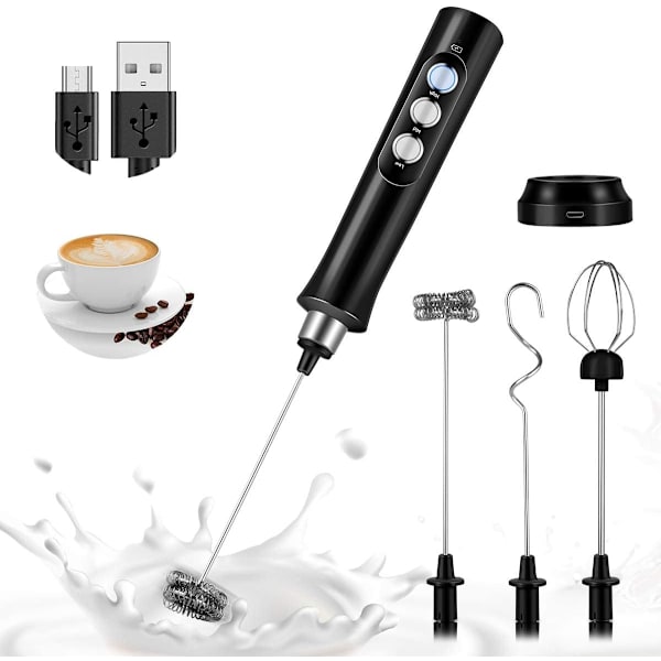 Melkeskummer, USB-ladbare melkeskummer, elektrisk håndholdt visp med 3 justerbare hastigheter og 3 rustfrie stålvisper