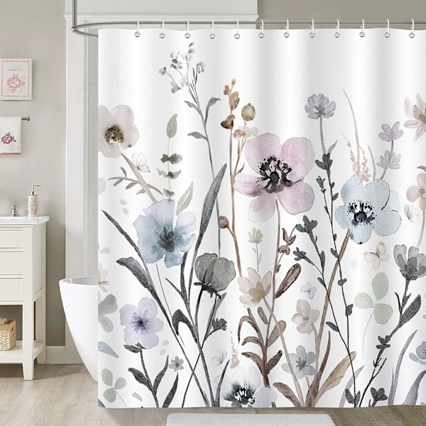 180 x 180 cm med 12 kroge til badeværelsesbruserforhæng Vandfarveblomster