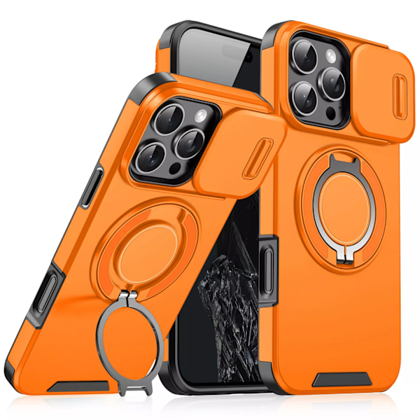 Magnetisk Ring Stativ Etui for iPhone 16 Pro Max med Skyveobjektivdeksel, Oransje