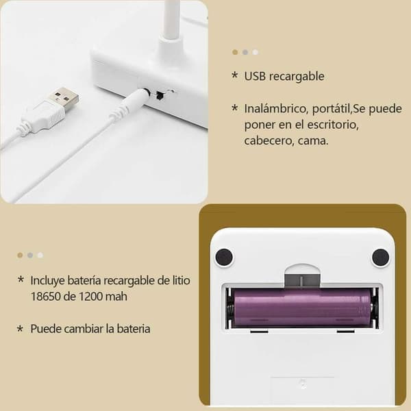 LED skrivebordslampe trådløs leselys USB oppladbar 2000mah