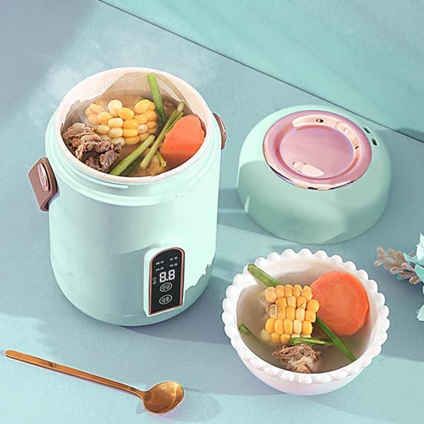 Effektiv Oppvarming Mini Ris Cooker, Isolerte Bærbar Multifunksjonell Suppe Grøt Stewpot med Smart Reservasjon F