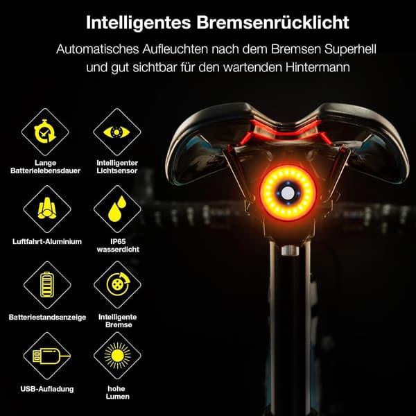 Intelligent cykelbaglygte, USB genopladelig induktionsbremsning