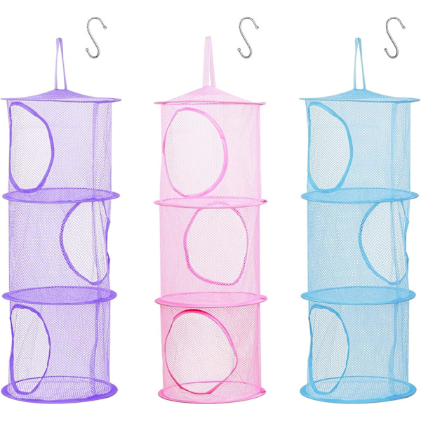 3 stk Oppbevaringsnett for barn (Rosa, Lilla, Blå - 75*27CM), Foldbar Mesh-kurv