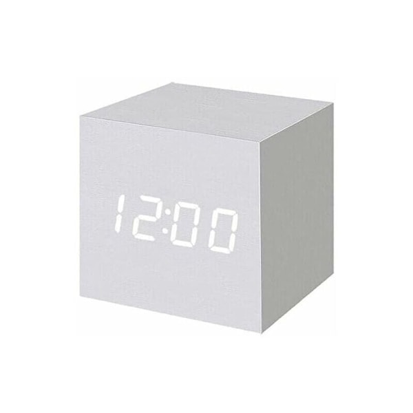 1 st vit trä LED digital väckarklocka, digital kubklocka med