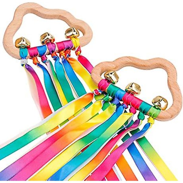 2 KPL Sensory Anneau En Bois Bb Jouets - Bbs Arc-En-Ruban Hochet Jouet ducatif Toddler Jouer Jouet Avec Des Cloches