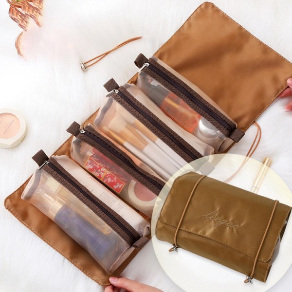 Hanging Roll-up Makeup Bag 4-in-1 Foldable Toiletry Bags For Travel Removable Storage Bags Cosmetic Organizer For Women Men（Khaki）