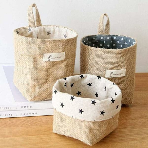 Bomullslin Oppbevaringskurv Bag Glodenbridge Foldbar Oppbevaringskurv Bag med Håndtak, Hjem, Organiser Boks for Hjem Garderobe Leker Kontor Skrivebord, Soverom. (sett med 3)