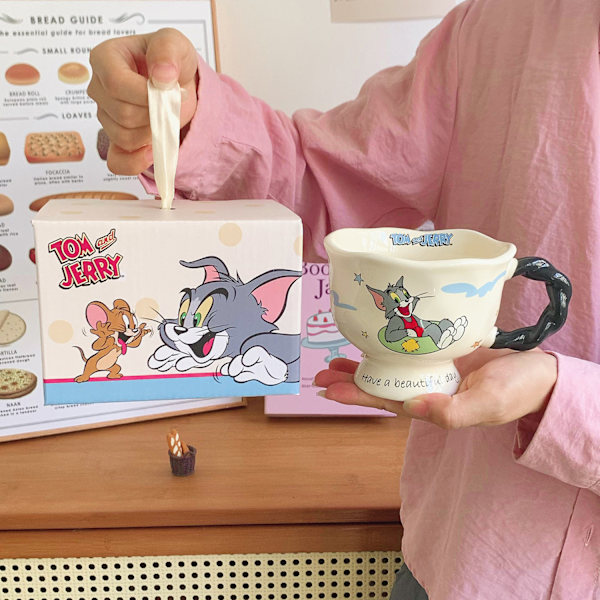 Kat og mus krus Hjem høj udseende niveau søde keramiske kvindelige kontor kaffe morgenmad mælkekrus med håndgave (sort)