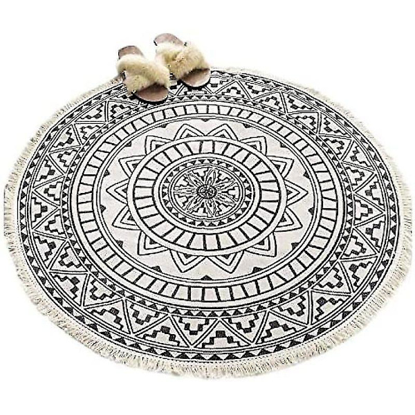 Pyöreät matot, pyöreät alueen matot, raidallinen, liukumaton, käsin kudottu, helppohoitoinen puuvillamatto boheemi mandala-kuviolla 90cm