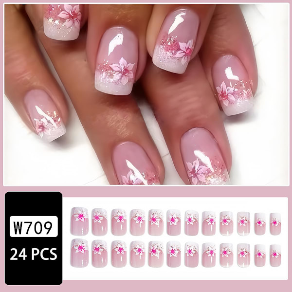 24 st French Tip Press-on Naglar Korta Kvadratiska Falska Naglar Rosa Blomma Full Cover Spets Limma på Naglar Design Nagelkonst Su