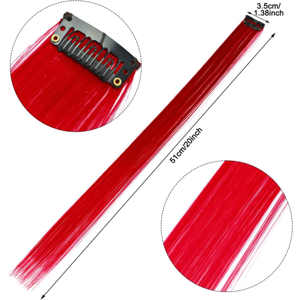 Set of 15 Colored Straight Hair Extensions Clips, Red Synthetic