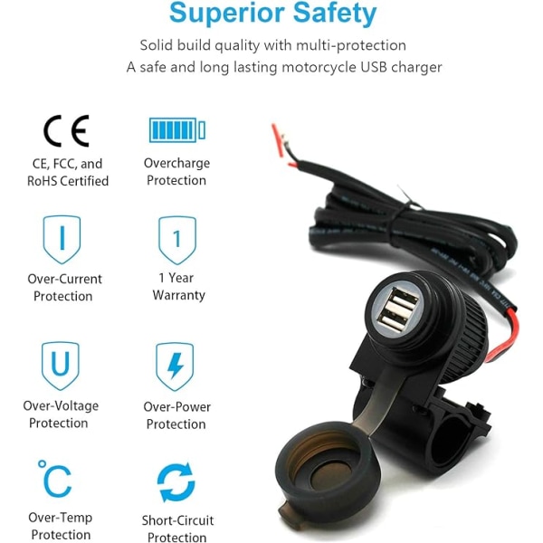 USB-lader med magnetisk bryter for motorsykkel, 4 amp - forhindrer at
