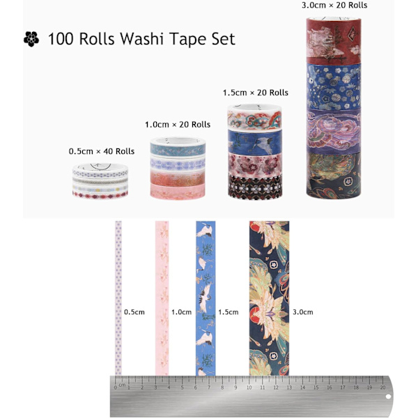 100 Ruller Washi Tape Sett, Multi-Mønster Washi Tape Limtape