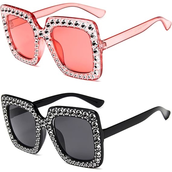 2-pack stora solglasögon med strass, överdimensionerade fyrkantiga
