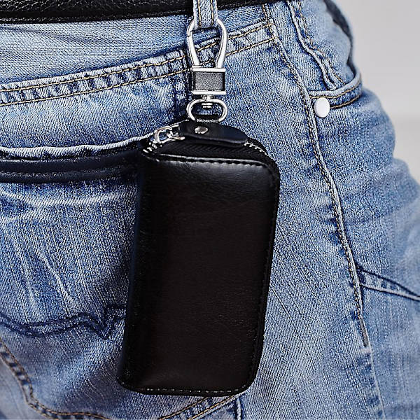 Nahkainen avainkotelo Kaksinkertainen vetoketju Auton avainkotelo Avaimenperä Lompakko Miehet ja naiset (musta)