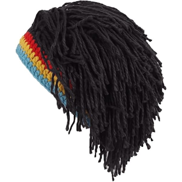 Stickad mössa för män med hår, rolig handgjord stickad vintermössa Beanie Rasta-mössa med dreadlocks, svart