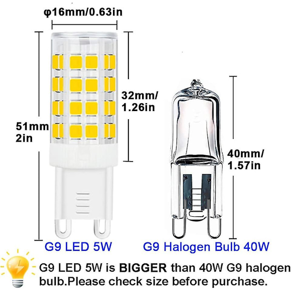 2 stk G9 LED-pære 5W, 40W G9 halogenpæreerstatning, 420LM, varm