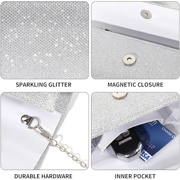 Kvällsväska Clutch Purses för Kvinnor, Damernas Glittrande Party Handväska Bröllopsväska, Silver