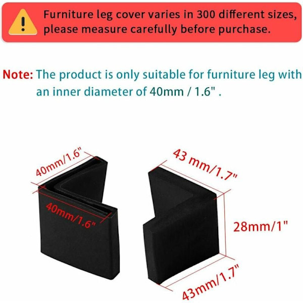 40 x 40mm Musta sourcing map 8 kpl L-muotoinen rauta tuolin jalkahatut turkis