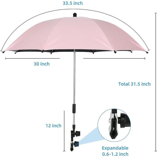 Justerbar vognparasoll med universal klips, 75 cm UPF 50+