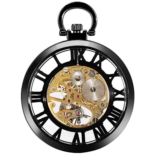 Klassisk Steampunk fickur för män i guld med skelettdesign och mekanisk uppdragning