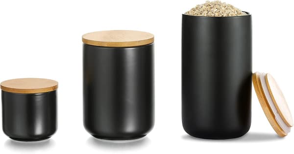 Sæt af 3 (Sort) Te Kaffe Sukker Sæt Krydderi Krukke Keramik Biscuit