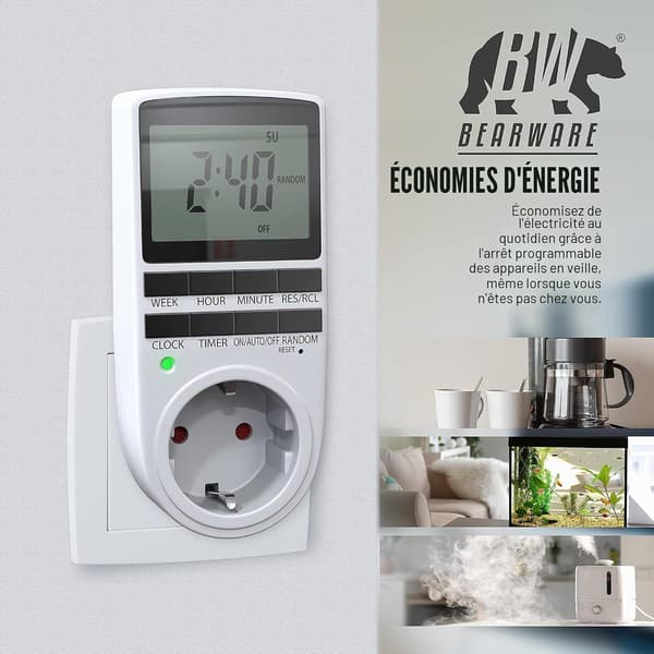 Digital timer – 2,1\" (5,3 cm) LCD-skärm – 3680 W – Digital timer med 10 konfigurerbara program – Backup-batteri – Kopplingsur