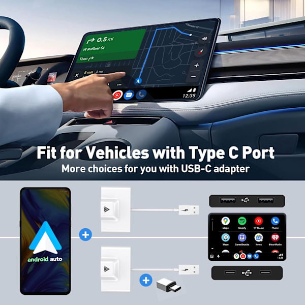 Trådløs Android Auto-adapter til biler med fabriksmonteret kablet Android Auto