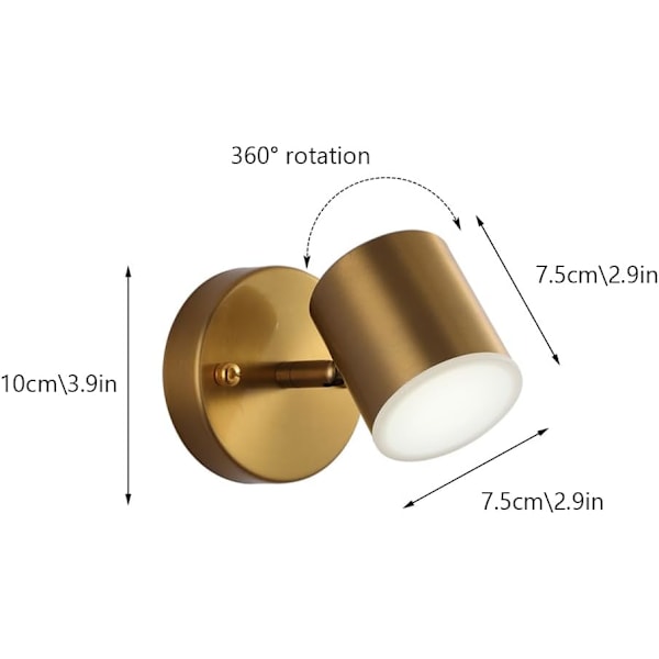 Mini Metal Vægsconces med Børstet Messing Finish Moderne 7W LED Vægslamper med 360° Rotationsjustering Gang