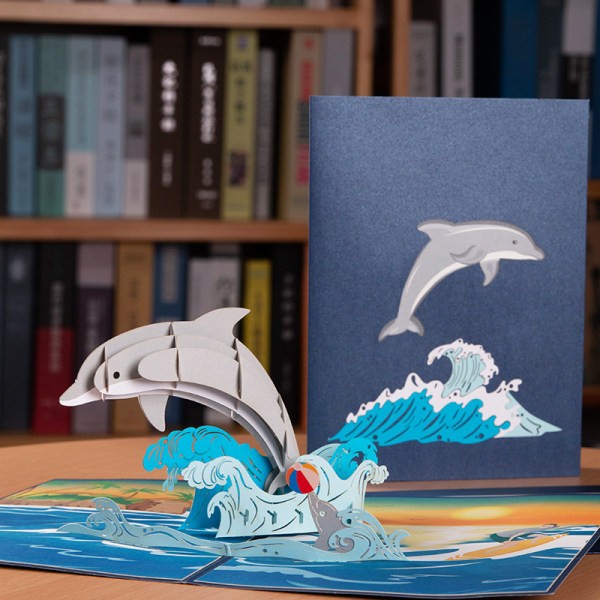 3D Delfin pop-up kort, fødselsdagskort, kuvert inkluderet