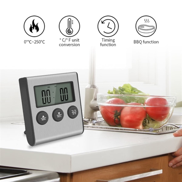 Digitalt steketermometer med timer og sonde for ovn, grill og mattemperaturmåling