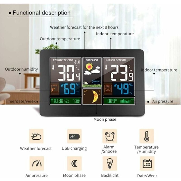 Sääasema Lämpömittari Hygrometer Barometri Sisä- ja ulkotila anturilla LED-näyttö, Taustavalaistus Digitaalinen kello Näyttö Aika Päivä Kuun vaihe (Musta)