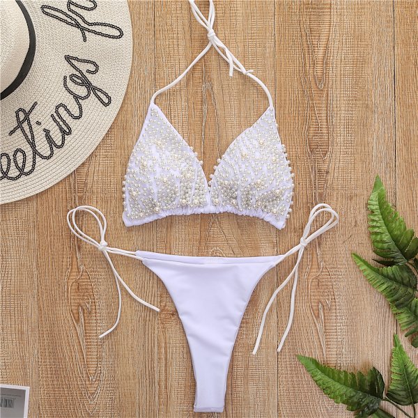 Pärlor bikini baddräkt (vit, m byst 80 - 88cm) Kvinna Bikini