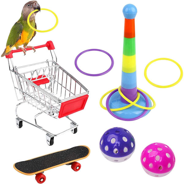 5 st Parrotspel, Parrotskridsko Rullvagn Klocka Boll Stift,