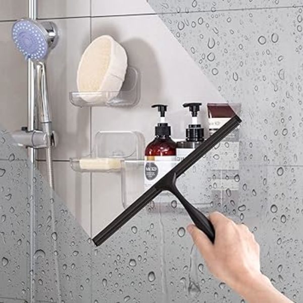 Svart. Duschsqueegee i rostfritt stål med stark sugkopp