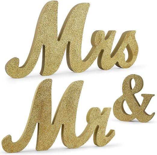 1 Set Guld Mr & Mrs Träbröllopsdekorationer Guldglitter