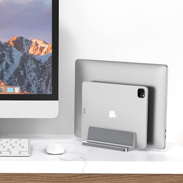 Vertikal bærbar computer stand - SPACEMax justerbar GRIPLock Anti-Tip silikone 4 slots aluminium skrivebordsstativ - dobbelt dock stand - 2 telefonslots passer til op til 17,3” bærbare computere, tablets, telefoner - grå
