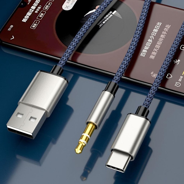 1 Split 2 Type C To Usb A 3.5mm Aux-kaapeli Stereo Hifi-ääni autokaiuttimille Sininen