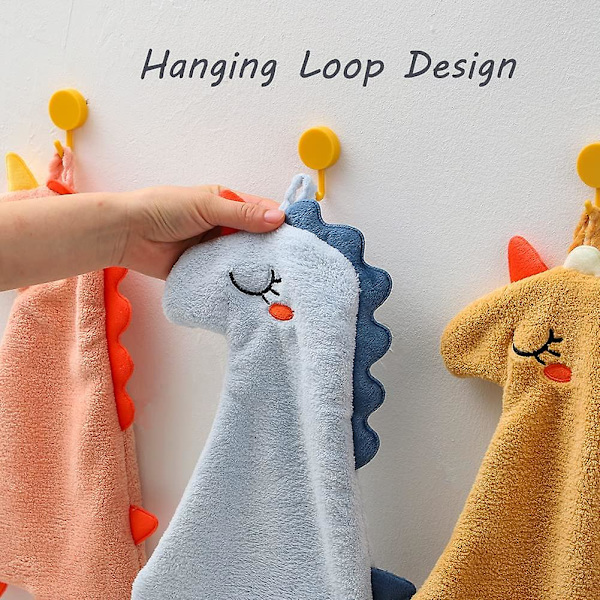 Sæt med 3 bløde køkkenhåndklæder til ophængning i køkken, badeværelse og toilet, koral fleece absorberende dinosaurhåndklæder til børn