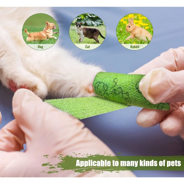 3 rullar grönt självhäftande bandage för husdjur, elastiskt